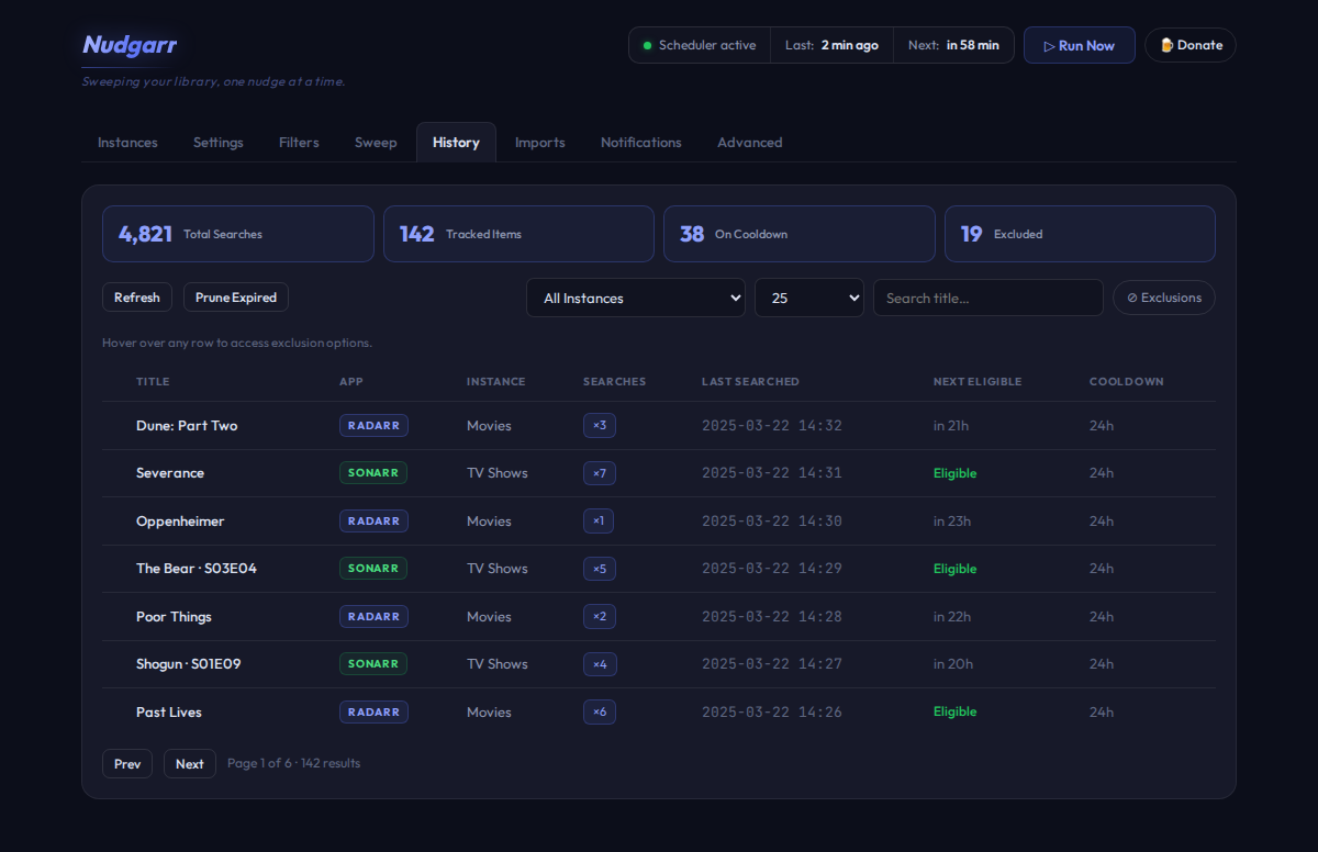 History: per-title search log with exclusion management